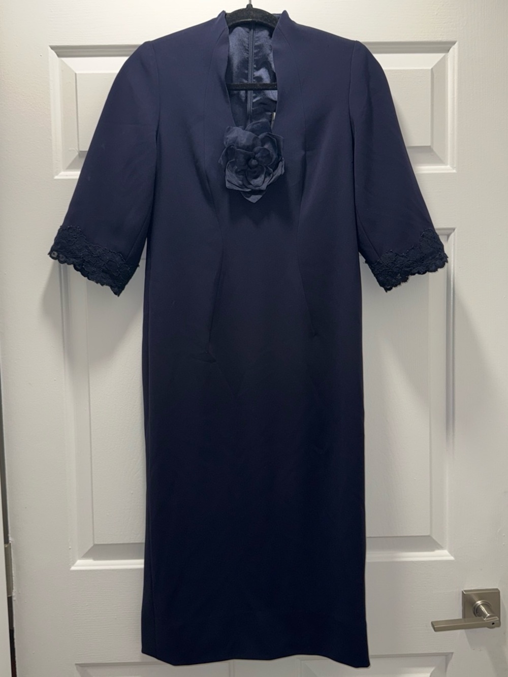 Lucian Matis Canadian luxury designer Navy MIDI Dress with Floral & Lace detail